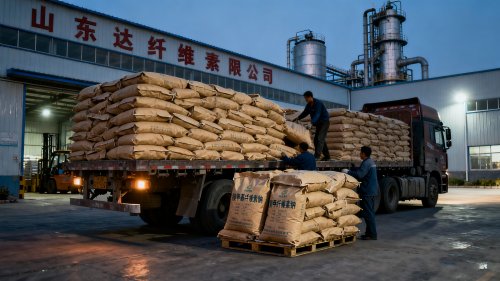 工人将化学浆糊羧甲基纤维素钠产品装车发货