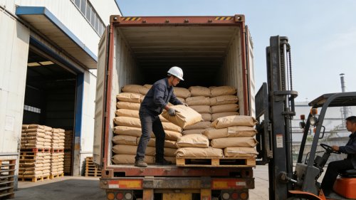 纤维素醚砂浆王产品在淄博聚隆纤维素有限公司厂区装车现场