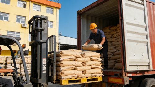 CMC产品装车现场，展示羧甲基纤维素颗粒包装与运输