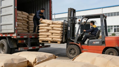 工厂厂区HPMC白色粉末产品正在装车发货现场