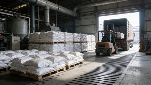 工厂仓库内造纸级羧甲基纤维素钠产品叉车装运准备发货