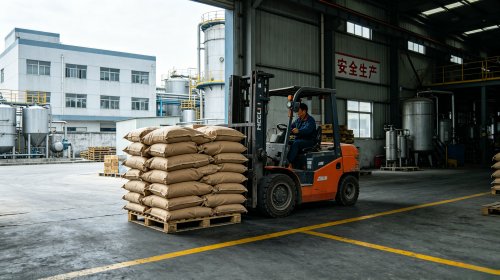 HPMC分散剂源头工厂仓库，叉车向货车装载羟丙基甲基纤维素，长链分子空间位阻与增稠协同作用防止颗粒沉降