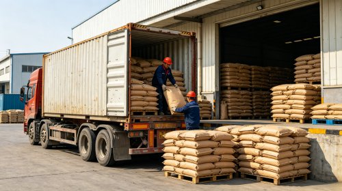 HPMC表面处理源头工厂仓库，叉车向货车装载表面处理成品，颗粒外层微交联膜实现先分散后溶解不抱团