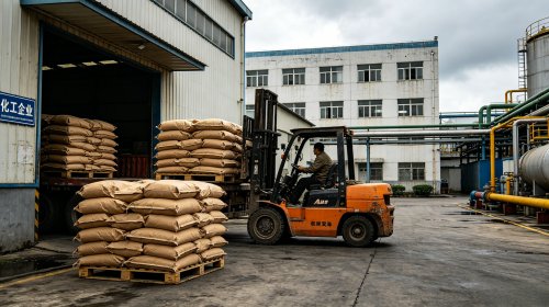 CMC日化级源头工厂仓库，叉车向货车装载日化用羧甲基纤维素钠，高取代度与高均匀性确保洗衣液透明增稠