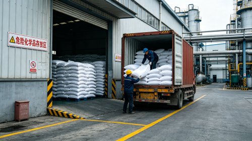 工人正在货车上码放整齐的高粘度CMC，批次粘度稳定取代度一致，适用于腻子粉强保水与牙膏稳定悬浮