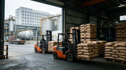CMC源头工厂仓库，叉车向货车装载羧甲基纤维素钠，批次粘度稳定从源头减少变稀风险