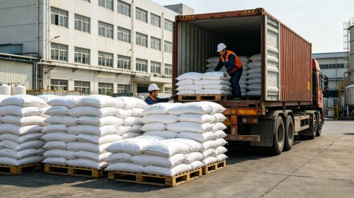 工人正在货车上码放整齐的洗衣液用CMC，高取代度低盐分批次透明度稳定，与表面活性剂相容性好不分层不浑浊