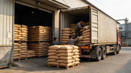 CMC超高粘度源头工厂仓库，叉车向货车装载成品，全程温和工艺最大限度保护纤维素分子链不被切断