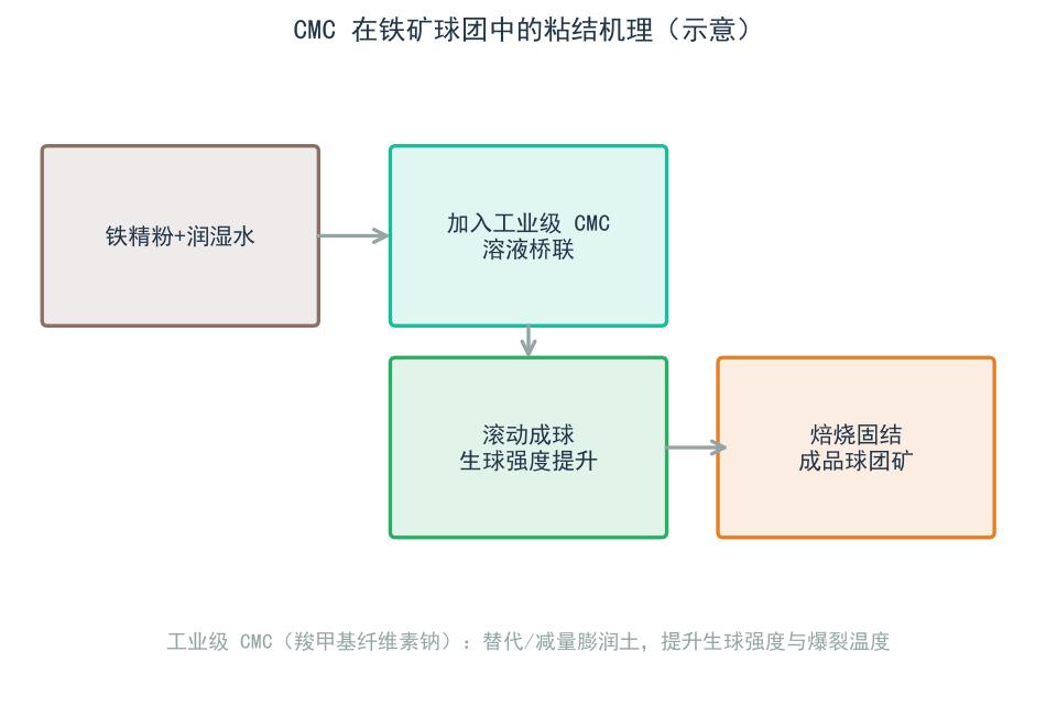 CMC 在铁矿球团中的粘结机理示意图